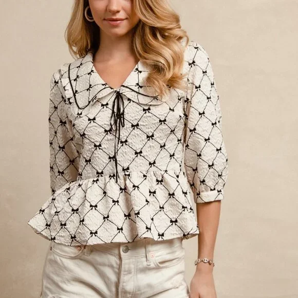BiBi Bow Prints-patterns Ruffle Collar Details Peplum Top - Picture 4 of 7